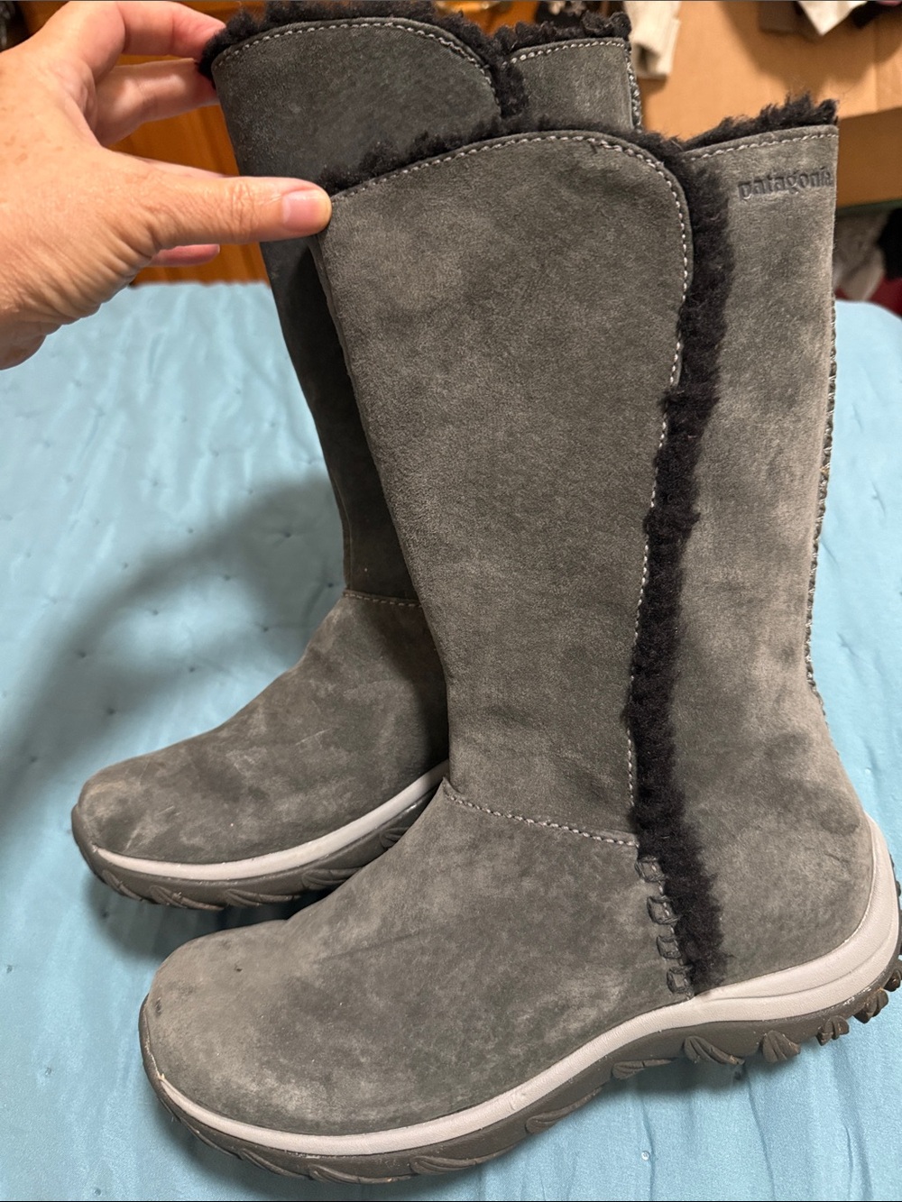 Patagonia Gray Suede Shearling-Trim Winter Boots